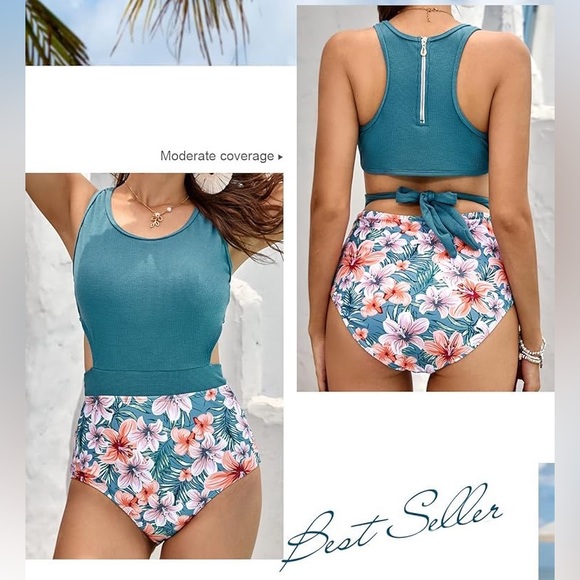 Textured & Floral Racerback/Tie Monokini - Picture 1 of 9